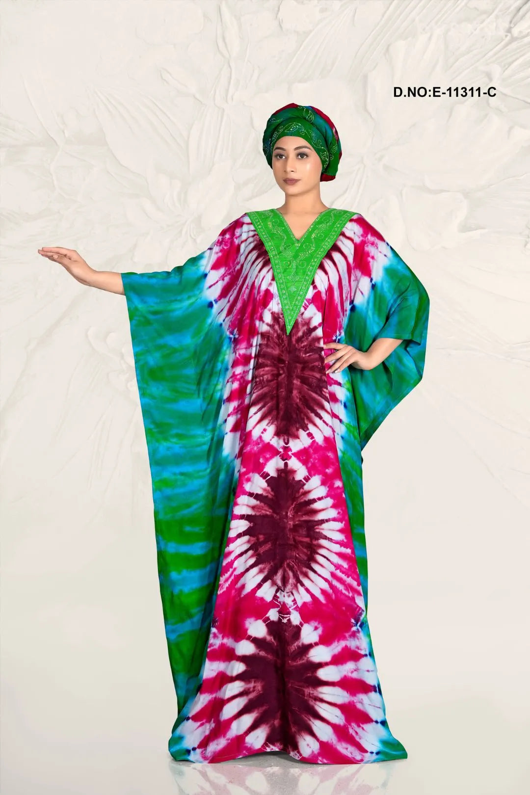 Parrot Green Multicolor Hand Dyed Farasa Kaftan Dress