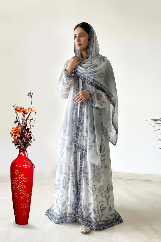 Pearl Grey Botanical Print Weightless Shrug Abaya Soft Elegant Flow