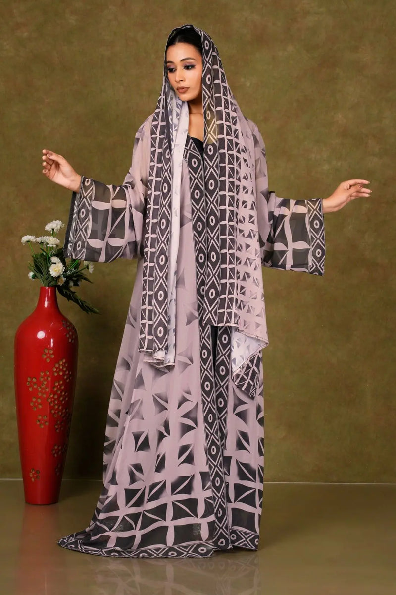 Chiffon Shrug Set with Bold Black Geometric Print gajiwala export