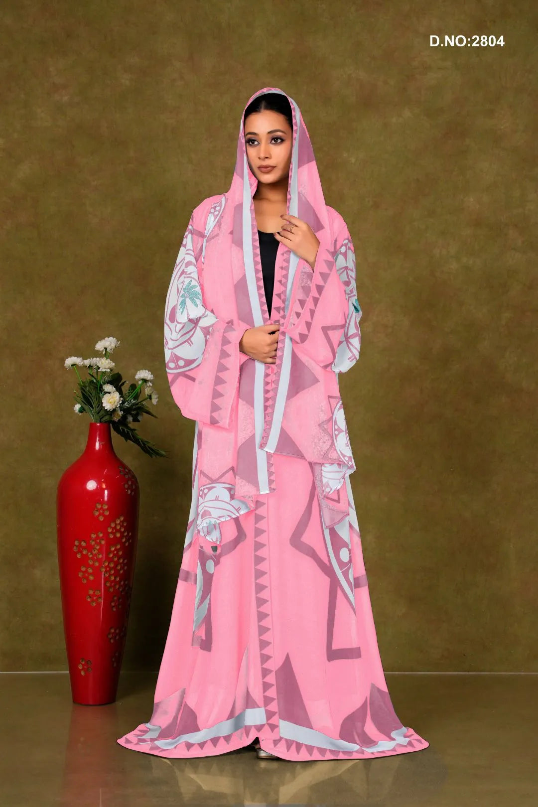 Pink Chiffon Shrug Set with Geometric and Medallion Print