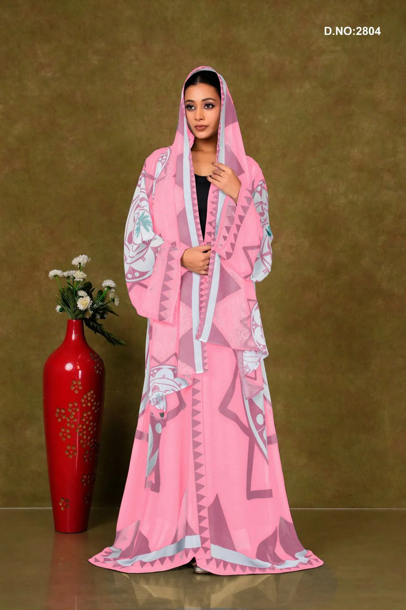Pink Chiffon Shrug Set with Geometric and Medallion Print