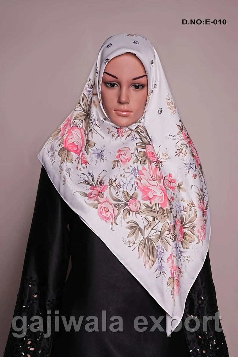Pink Florer Print White Silk Scarf