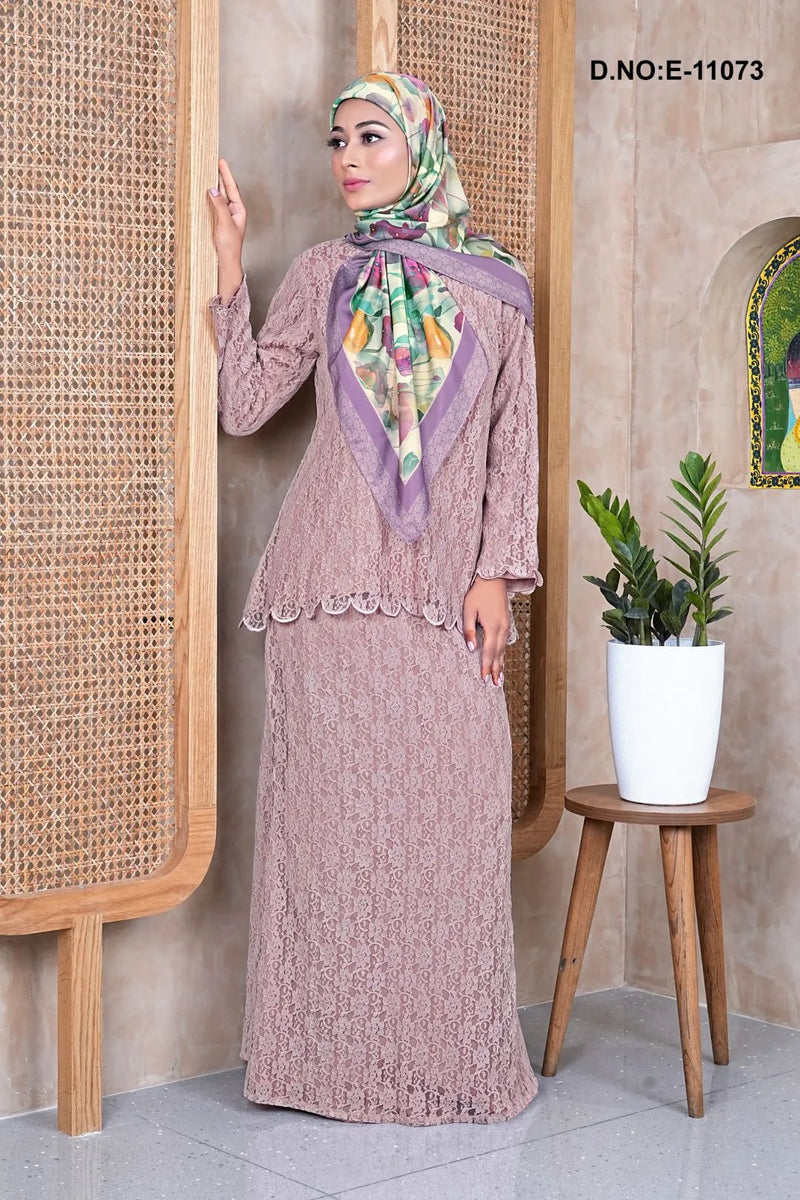Pink Neted Baju Kurung With Scarf For Women