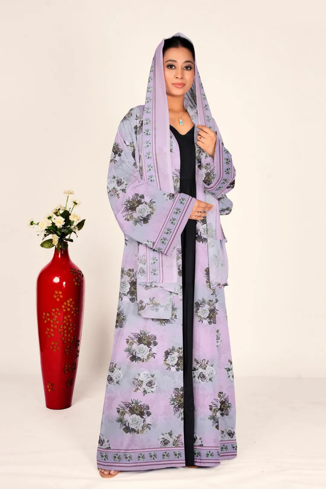 Women Floral Chiffon Shrug Open Front Long Full Length Modest Wear