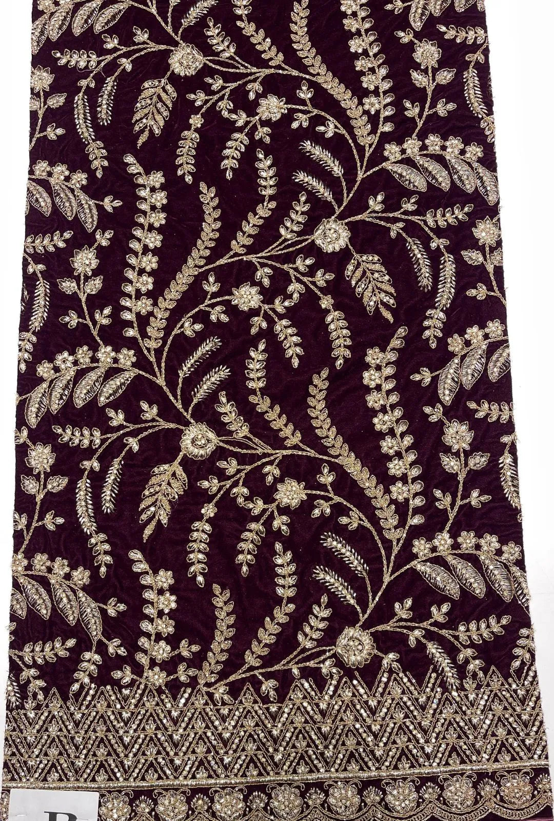 Premium Designer Velvet Fabric with Heavy Floral Embroidery Border