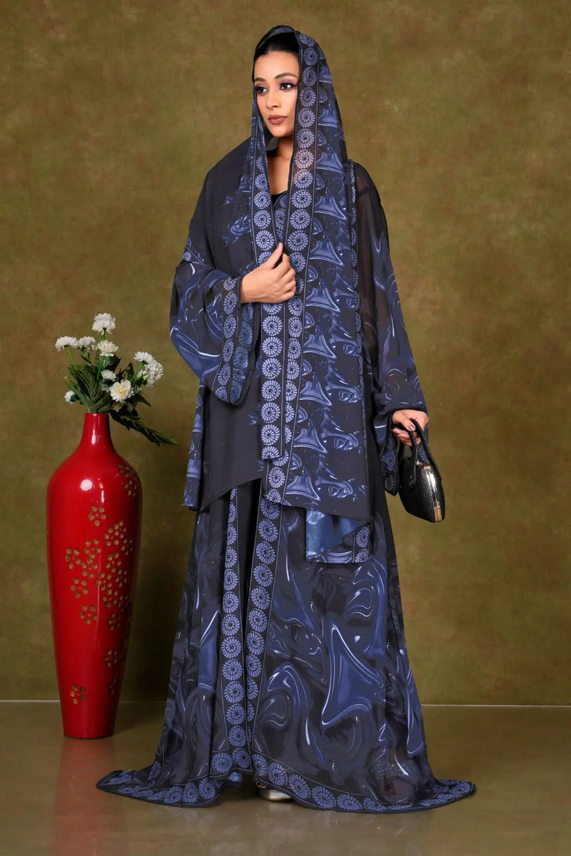 Woman wearing a dark blue patterned shrug gajiwala export