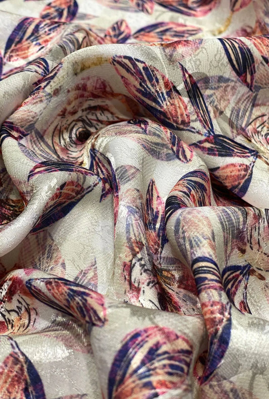 Printed Abstract Leaf Pattern On Self Jacquard Woven Satin Fabric