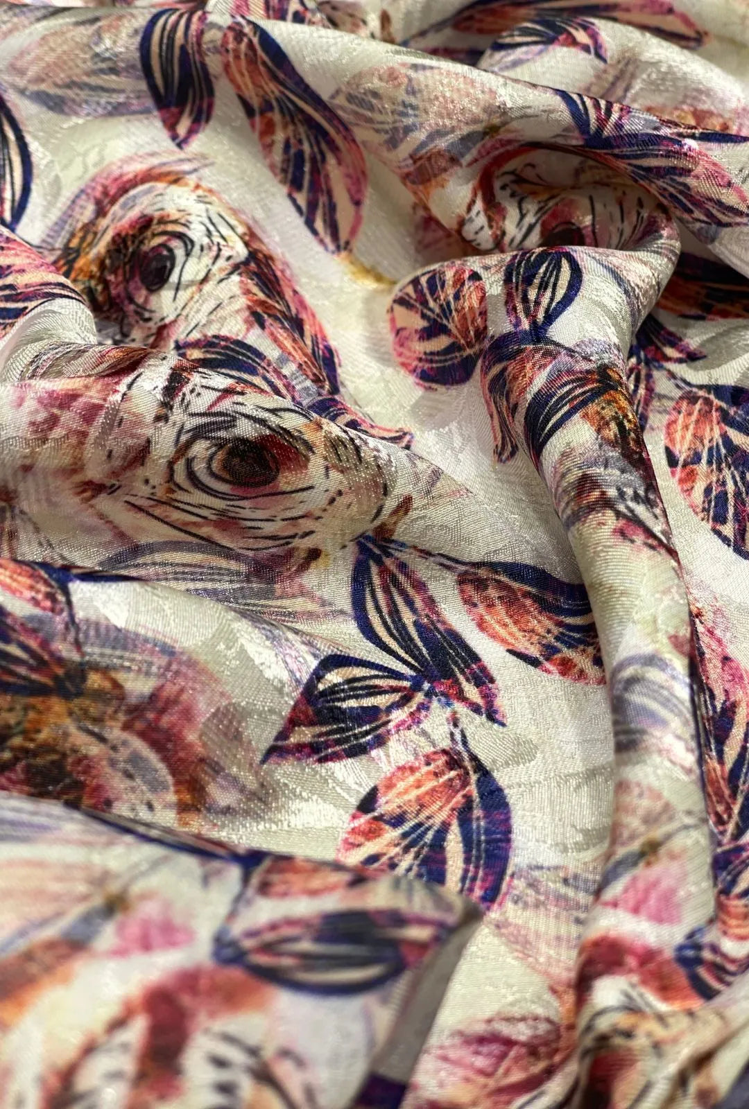 Printed Abstract Leaf Pattern On Self Jacquard Woven Satin Fabric