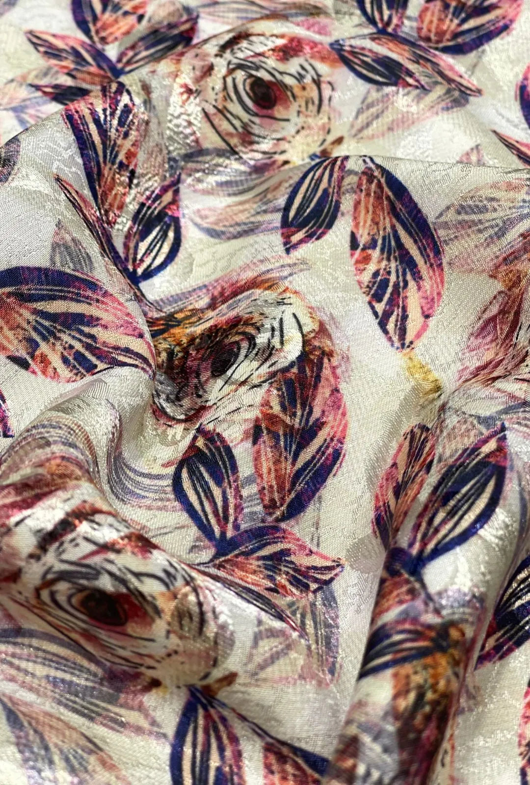 Printed Abstract Leaf Pattern On Self Jacquard Woven Satin Fabric