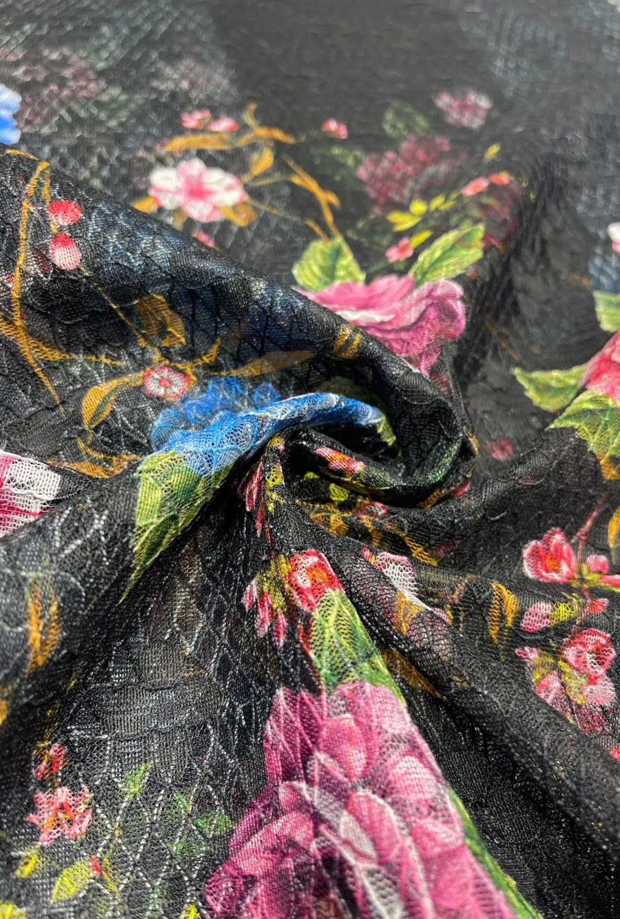 Printed Floral Pattern Textured Knit Russel Net Fabric