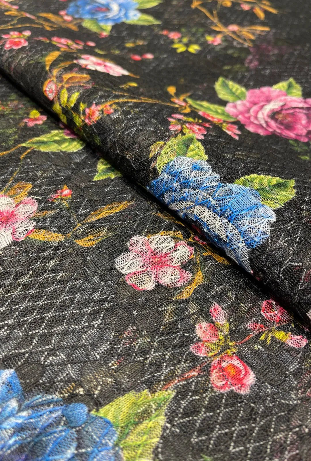 Printed Floral Pattern Textured Knit Russel Net Fabric