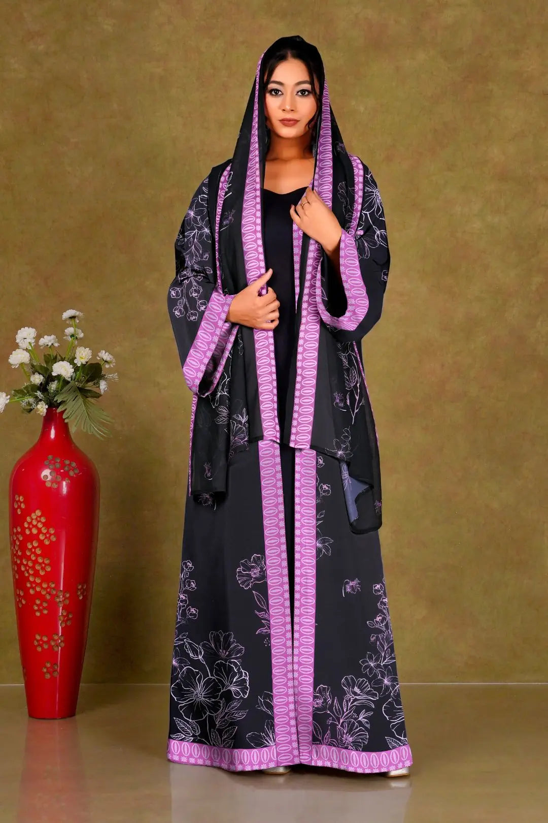 Chiffon Shrug Set with Floral Outline Print gajiwala export