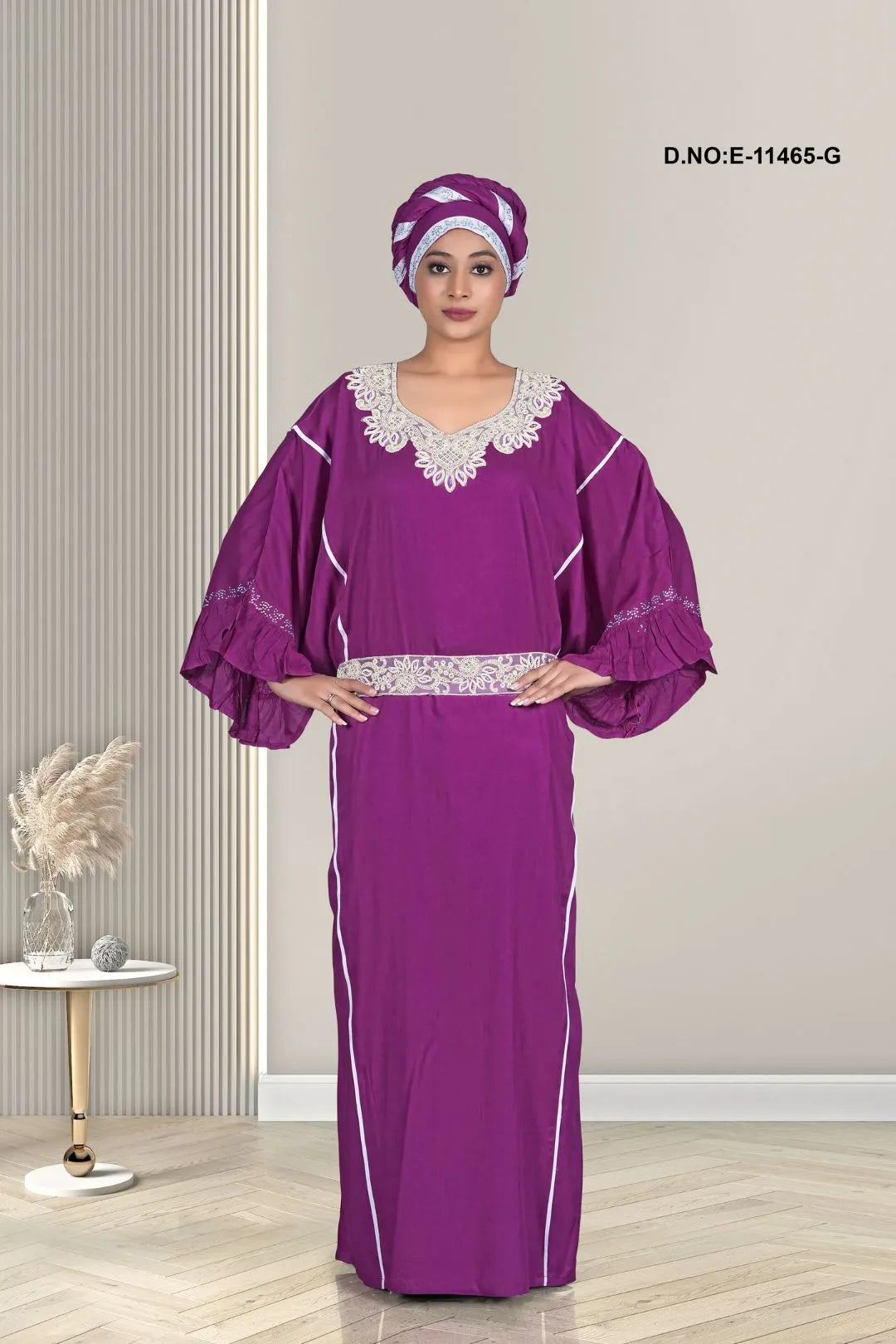 Purple Designer Plain Lace Embroidered Long Kaftan Gown