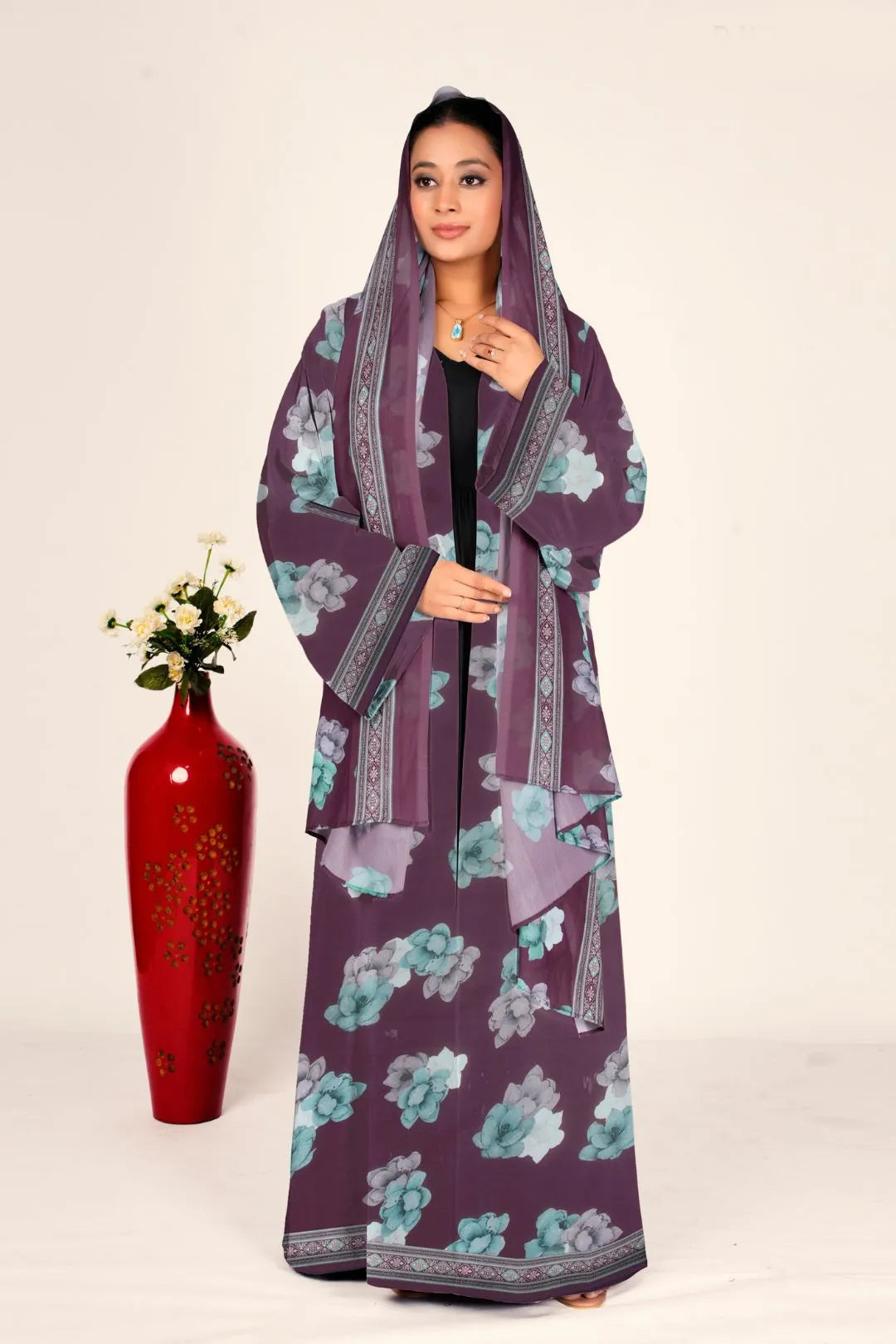 Floral Chiffon Long Shrug Front Open Modest Abaya Style Wear