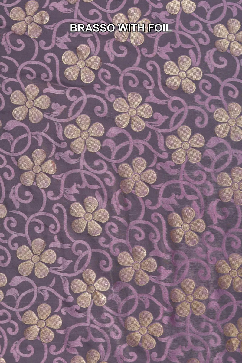 Purple Foil Work Embellished Brasso Fabric