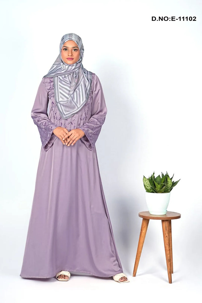Purple Piping Work Abaya With Scarf