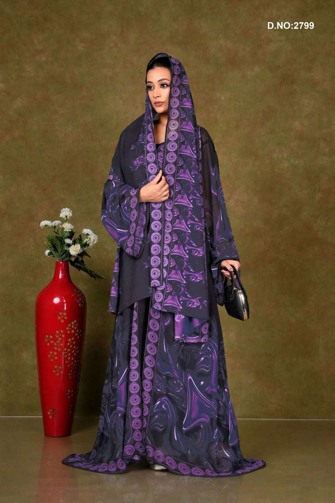 Purple Printed Chiffon Shrug with Geometric Motif Trim