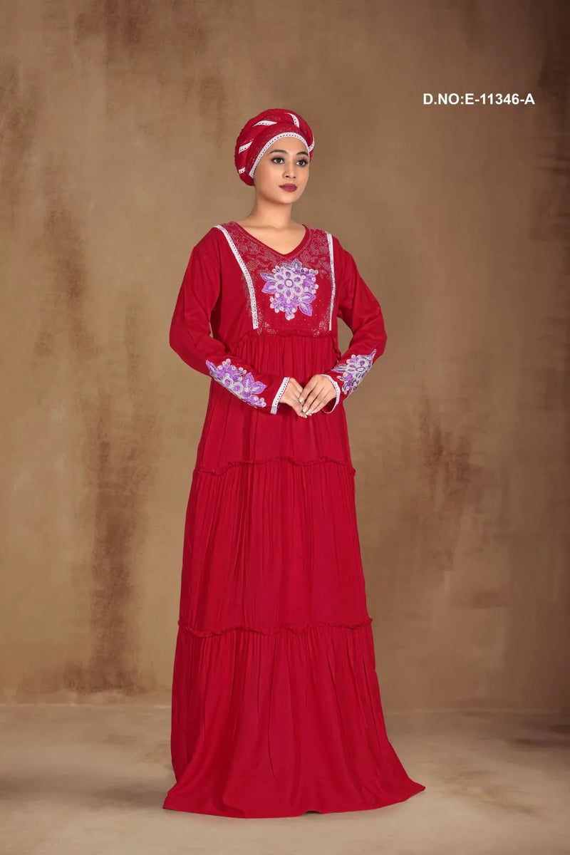Red Designer Layered Long Kaftan Dress For Women
