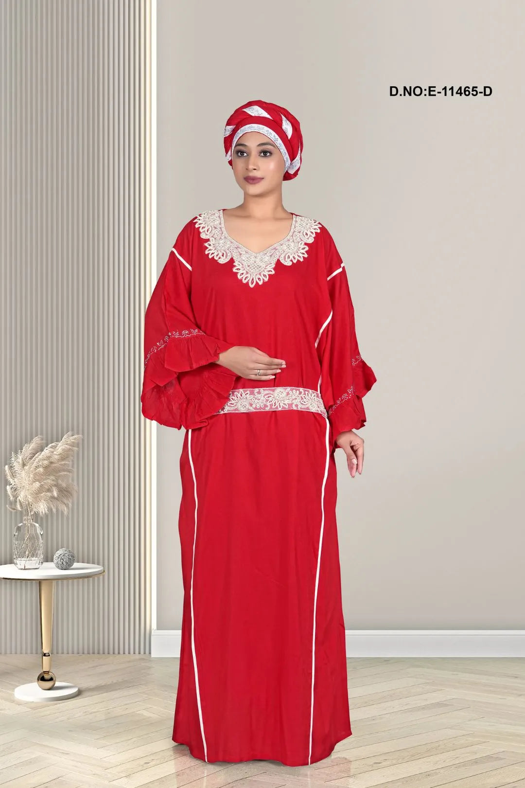 Red Designer Plain Lace Embroidered Long Kaftan Gown
