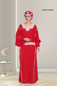Red Designer Plain Lace Embroidered Long Kaftan Gown
