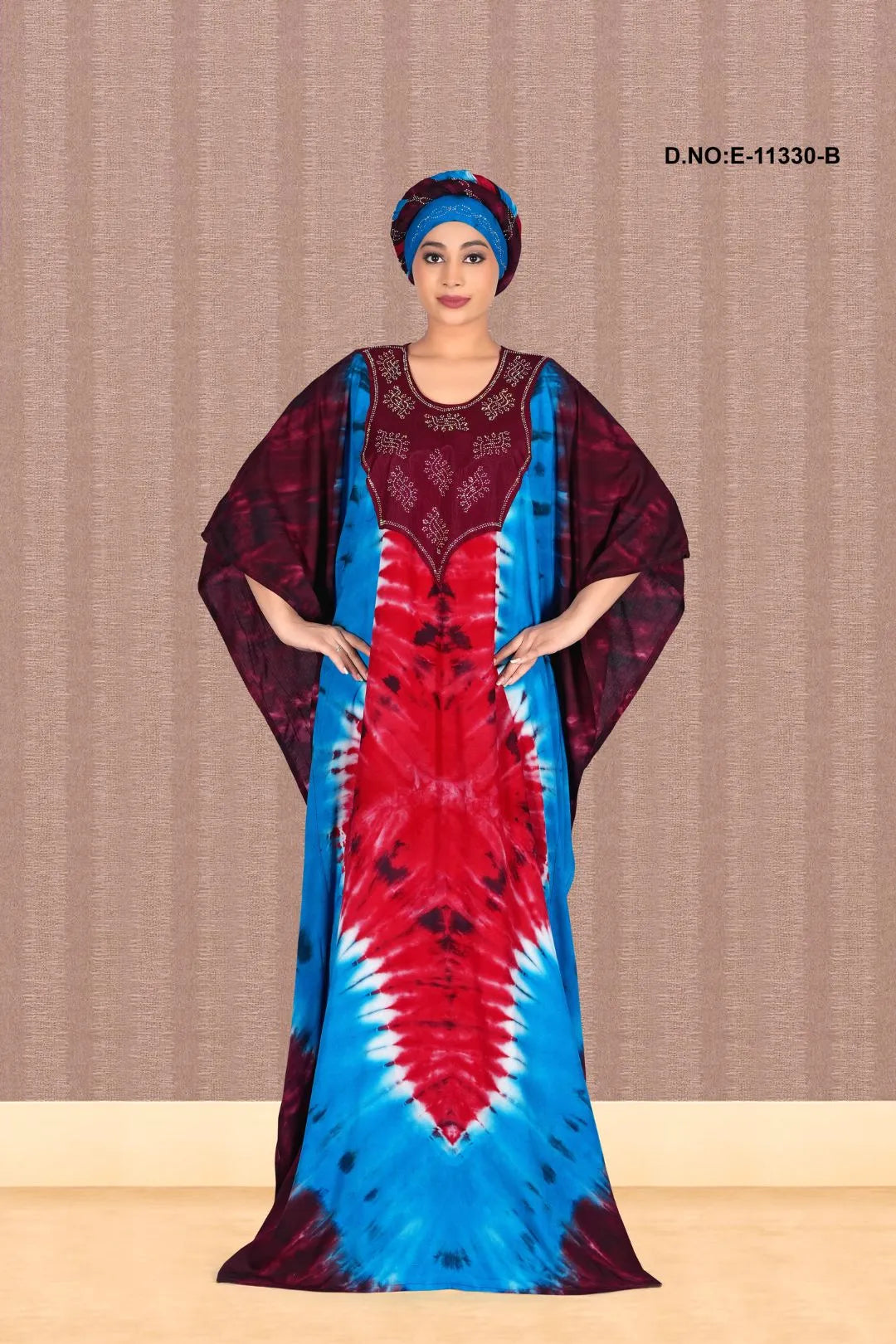Red Hand Tie Dyed Long Farasa Kaftan For Women
