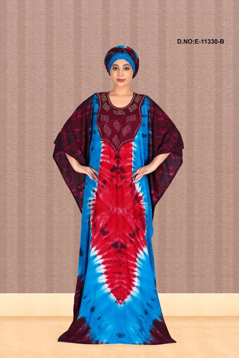 Red Hand Tie Dyed Long Farasa Kaftan For Women