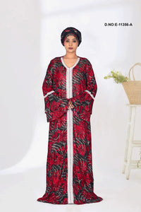 Red Muslim Abaya Ethnic Floral Kaftan Maxi Dress with Hijab