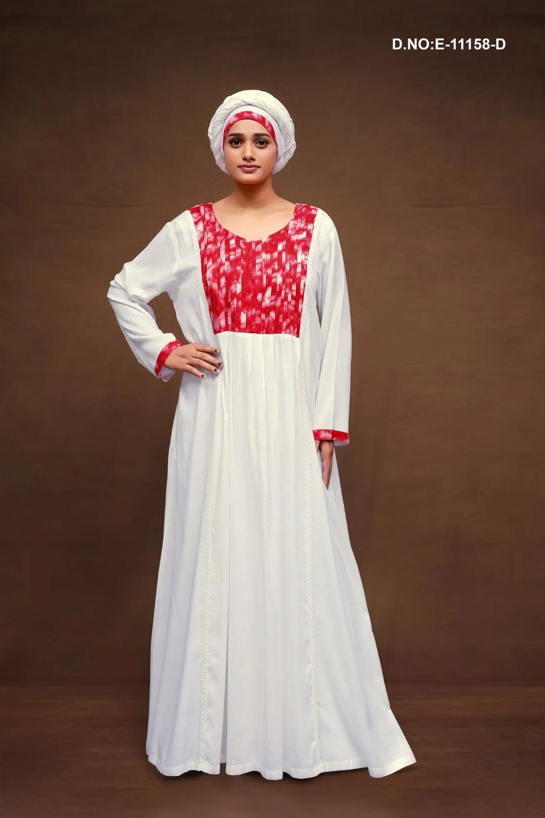 Red Neck Design White Kaftan With Scarf For Women
