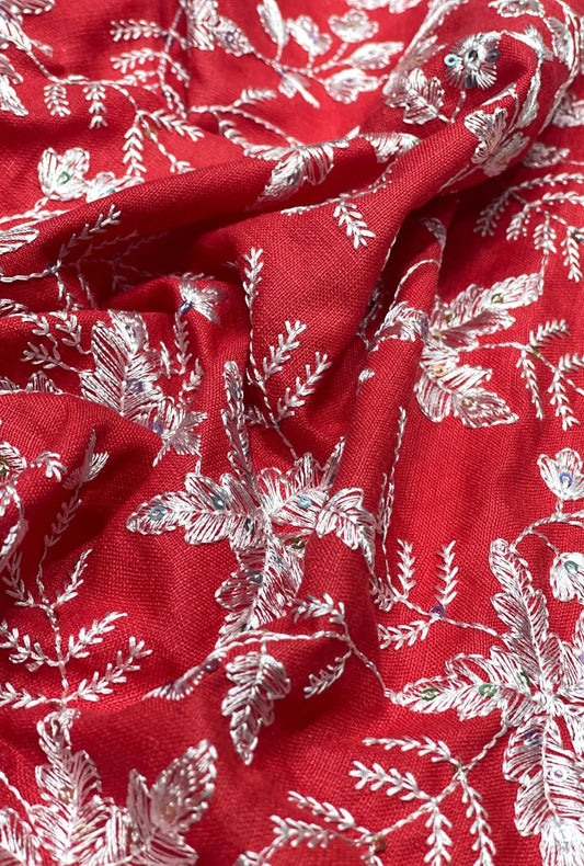 Red Slub Cotton Fabric With Embroidery And Sequence