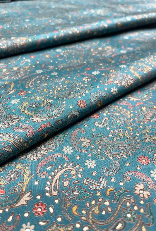 Rich Teal Blue Chanderi Fabric Textile With Heritage Prints
