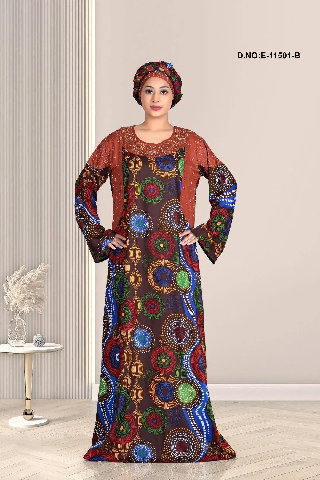 Rose Gold Designer Printed Kaftan Pattern Nighty For Girls