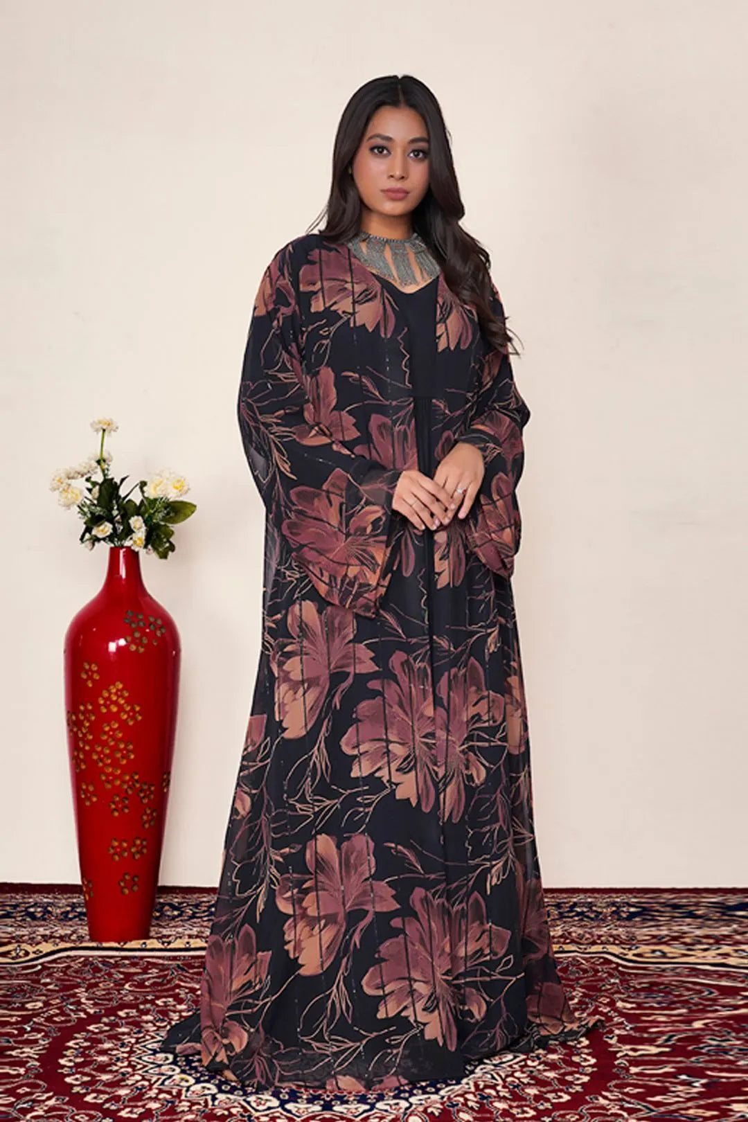 Rust Floral Chiffon Sequin Overlay Long Modest Abaya Shrug