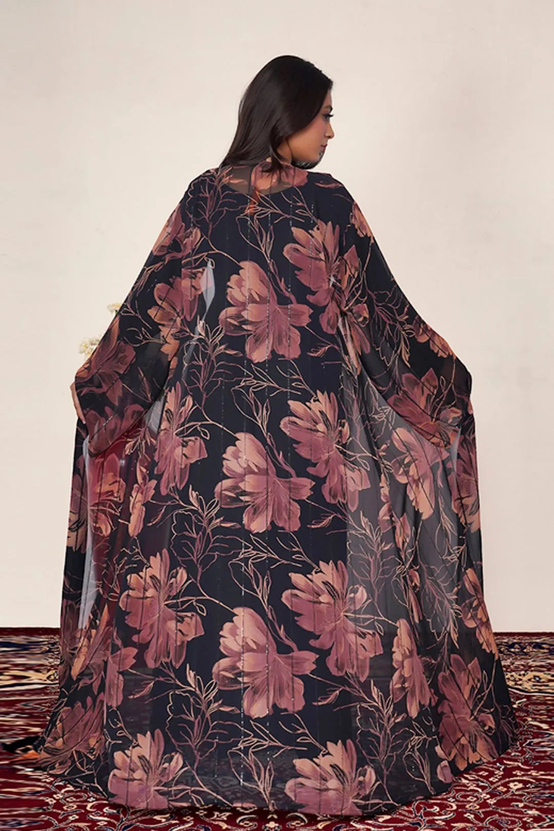 Rust Floral Chiffon Sequin Overlay Long Modest Abaya Shrug