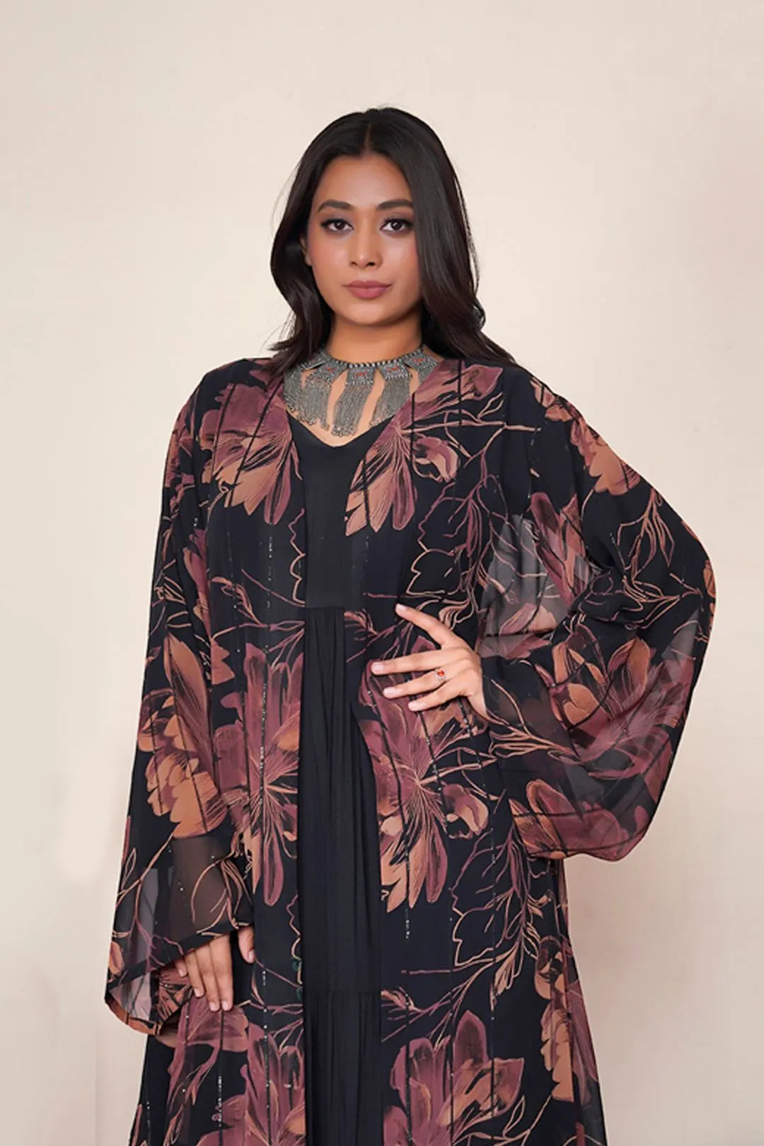 Rust Floral Chiffon Sequin Overlay Long Modest Abaya Shrug