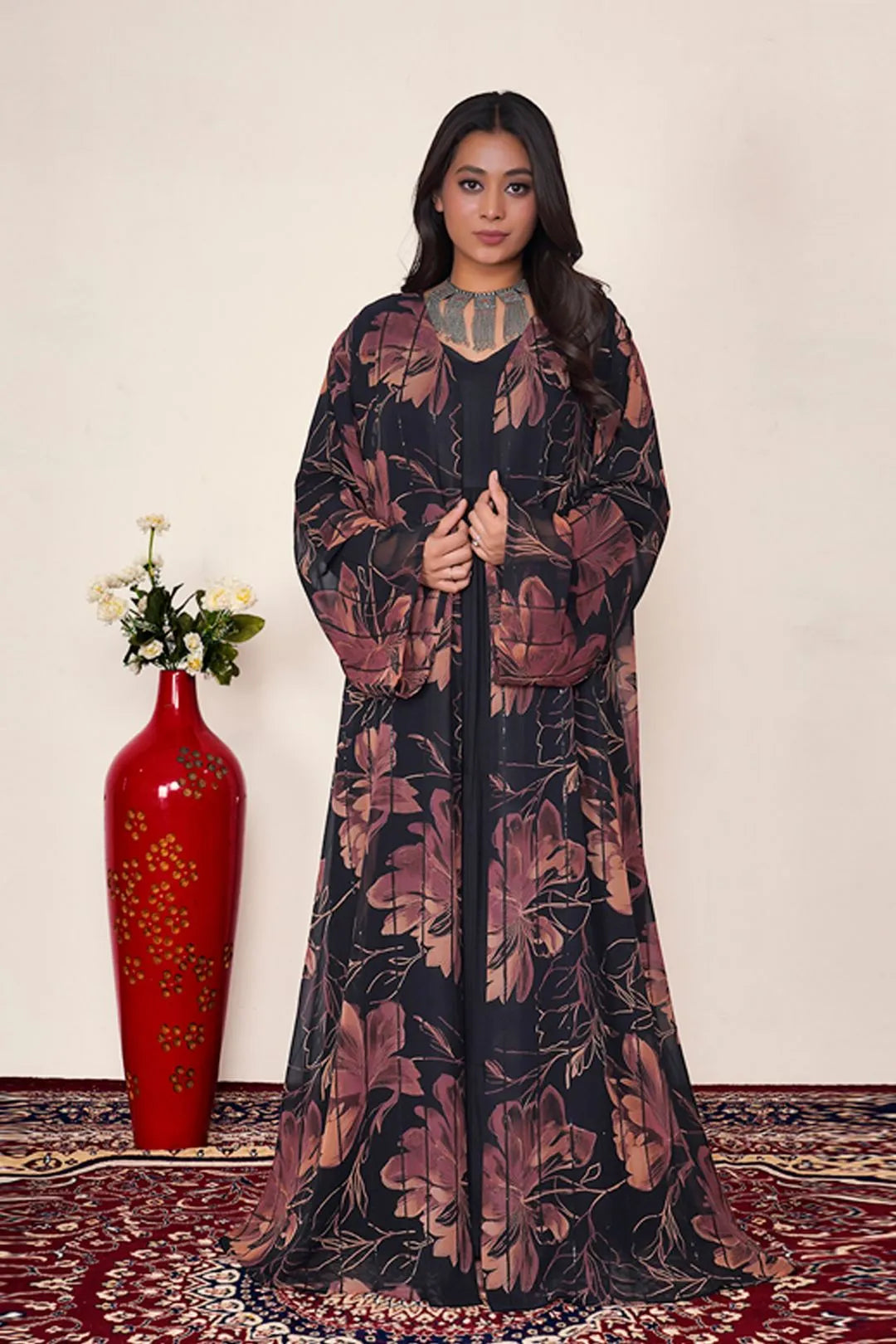 Rust Floral Chiffon Sequin Overlay Long Modest Abaya Shrug