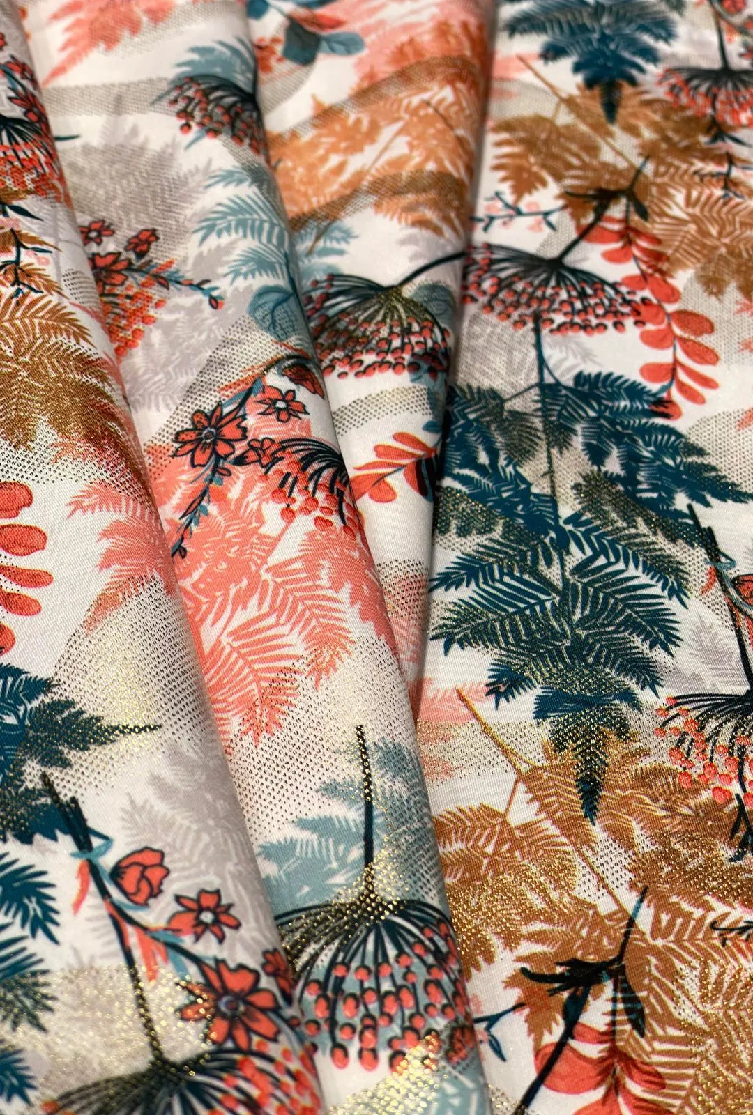 Satin with Foil Emblazoning Gilded Ferns Towards Unstitched Fabric
