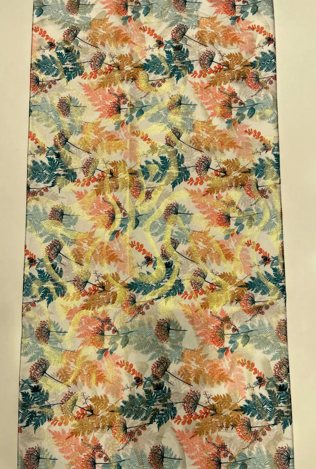 Satin with Foil Emblazoning Gilded Ferns Towards Unstitched Fabric
