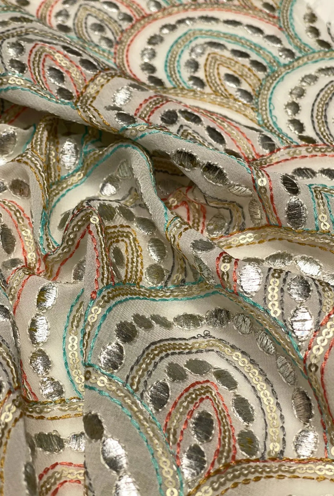 Scalloped Pattern Embroidered Georgette Fabric Yardage