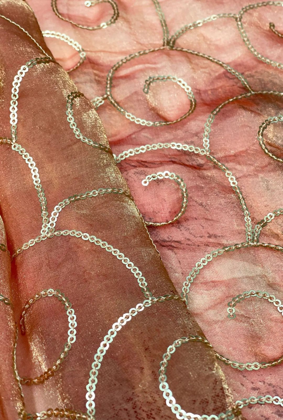 Scrolling Sequin Swirl Crushed NC Satin Premium Fabric