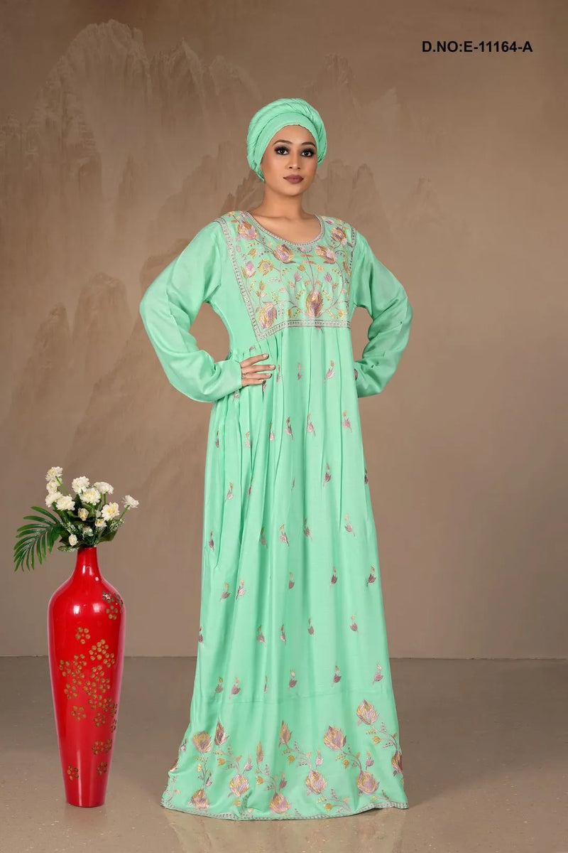 Sea Green Embroidered Florer Printed Kaftan With Stole For Women