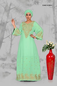 Sea Green Golden Neck Embroidery Black Kaftan With Stole