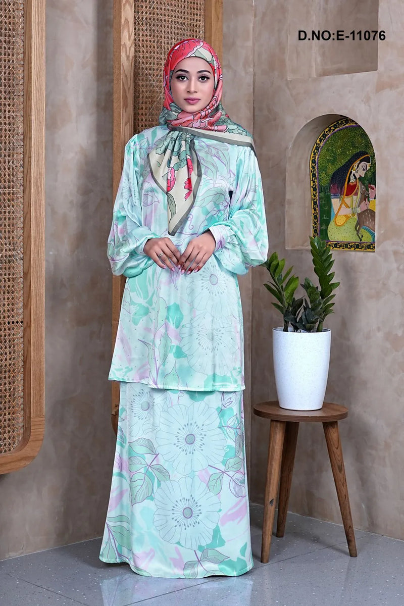 Sea Green Printed Baju Kurung With Scarf