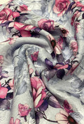 Self Jacquard Satin Textile Showcasing Pink Rose Motif For Drapes