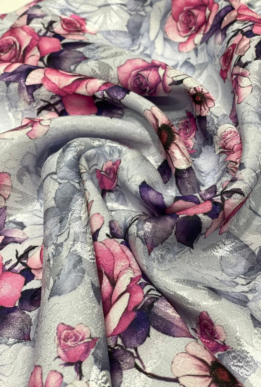 Self Jacquard Satin Textile Showcasing Pink Rose Motif For Drapes