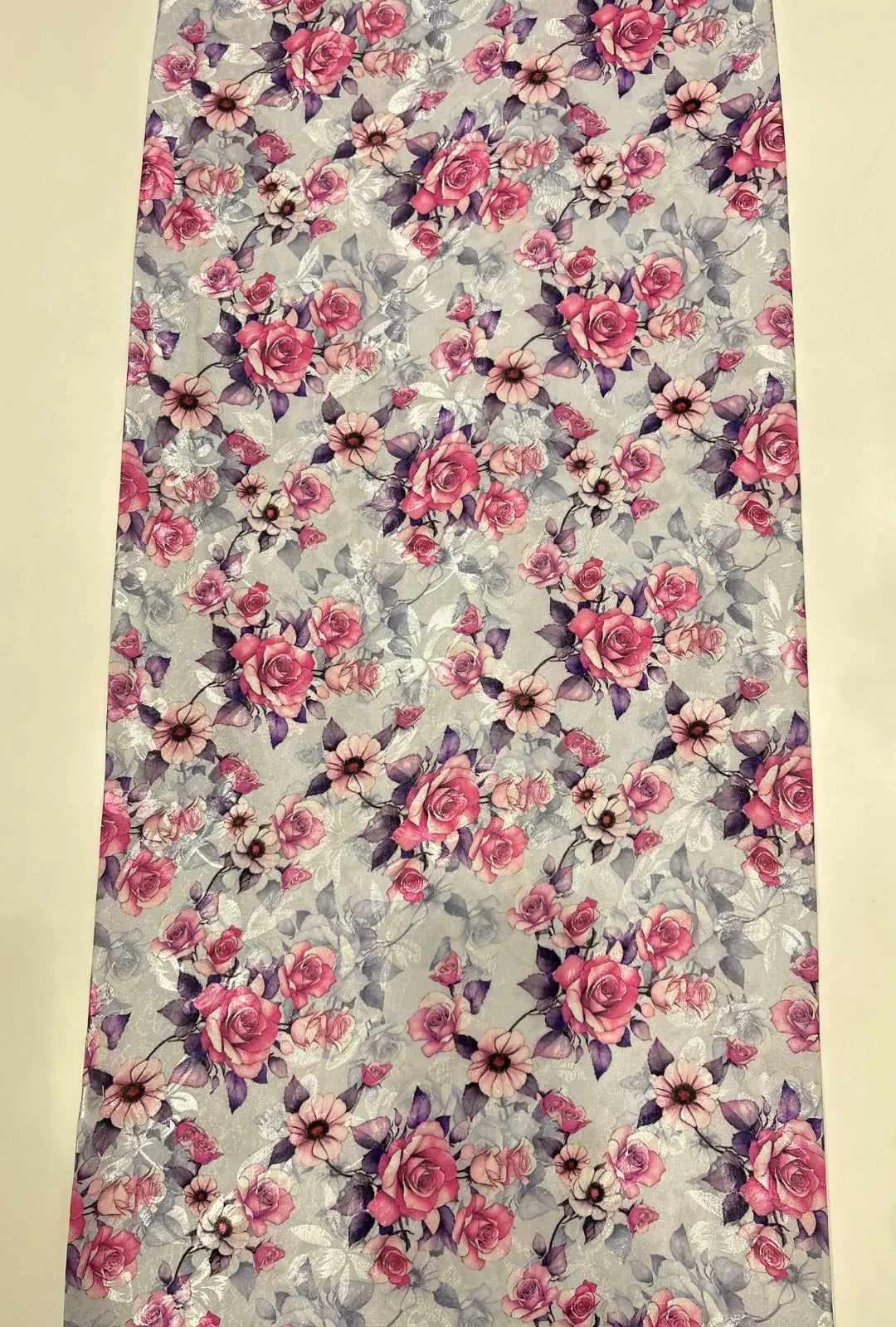 Self Jacquard Satin Textile Showcasing Pink Rose Motif For Drapes