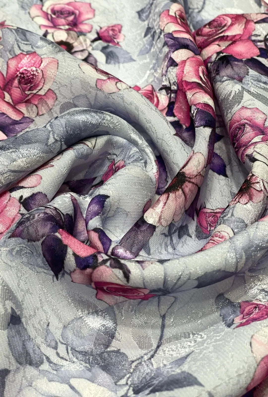 Self Jacquard Satin Textile Showcasing Pink Rose Motif For Drapes