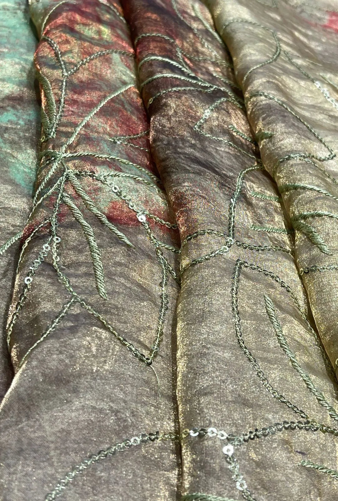 Sequin Corded Leaf Embroidered Crushed NC Satin Fabric