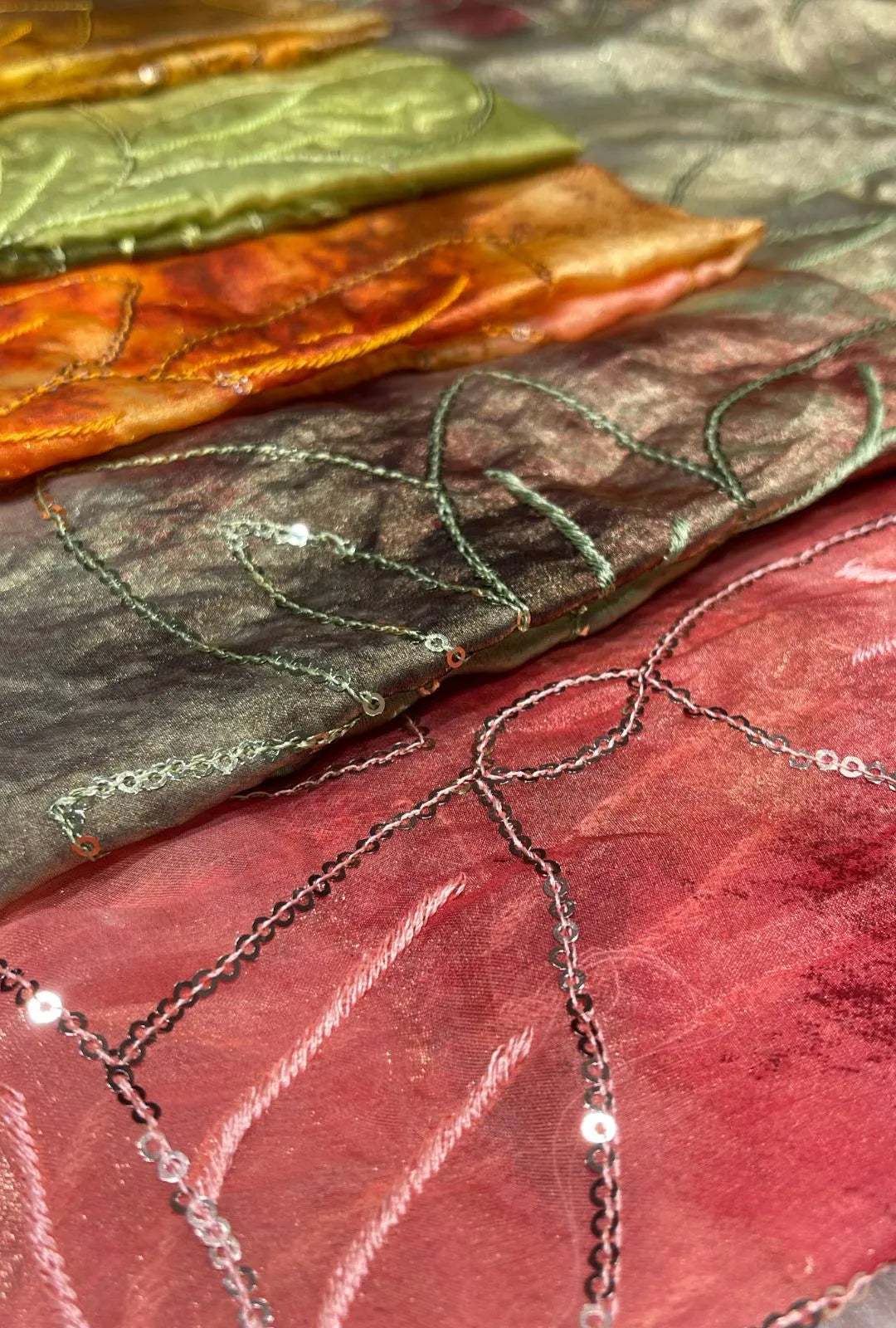 Sequin Corded Leaf Embroidered Crushed NC Satin Fabric