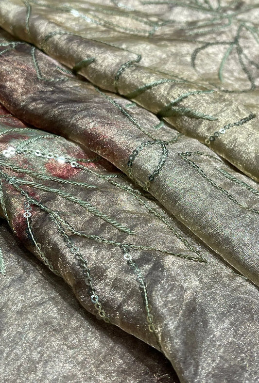 Sequin Corded Leaf Embroidered Crushed NC Satin Fabric