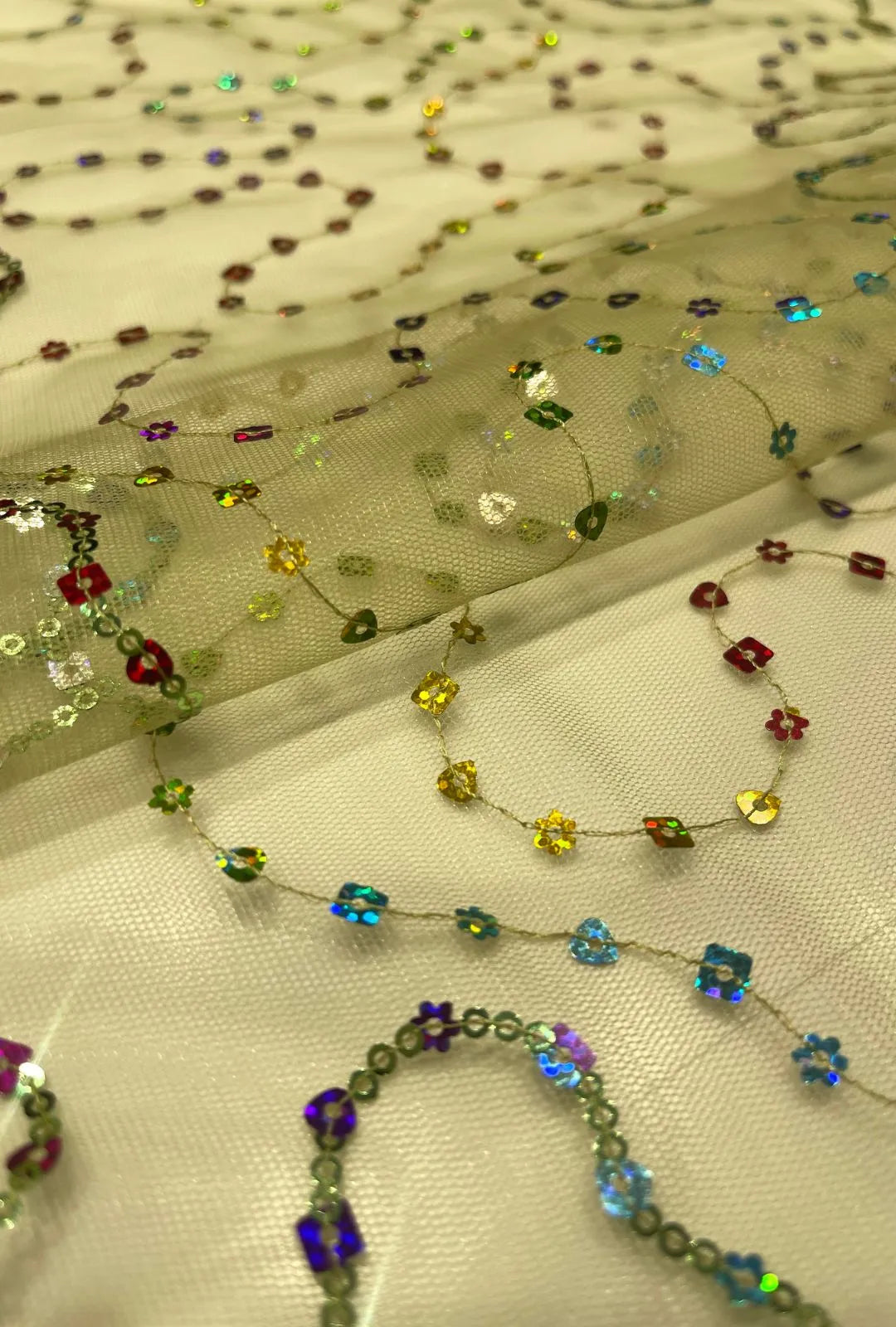 Sinuous Linear Multi-Shaped Sequence Embroidered Net Fabric
